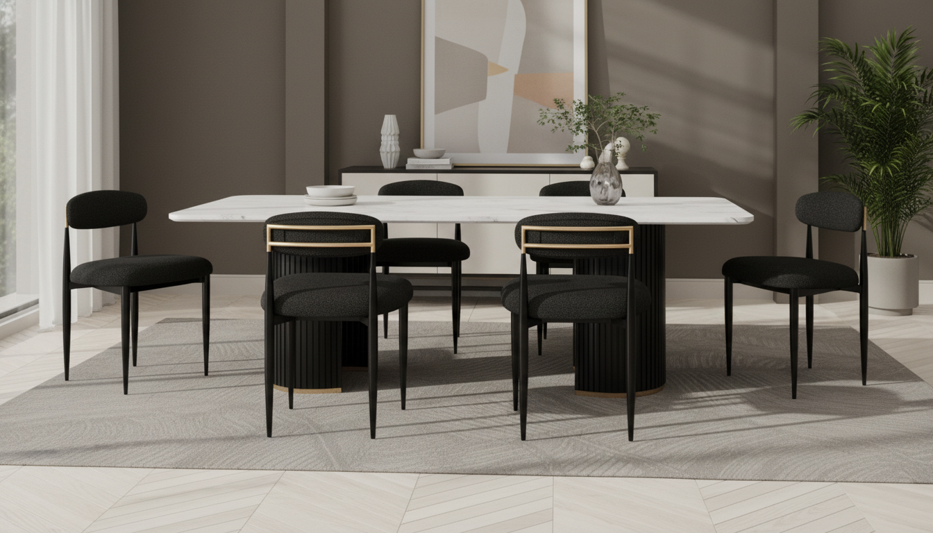 6 Black Boucle Dining Chairs: Curved Back & Metal Legs