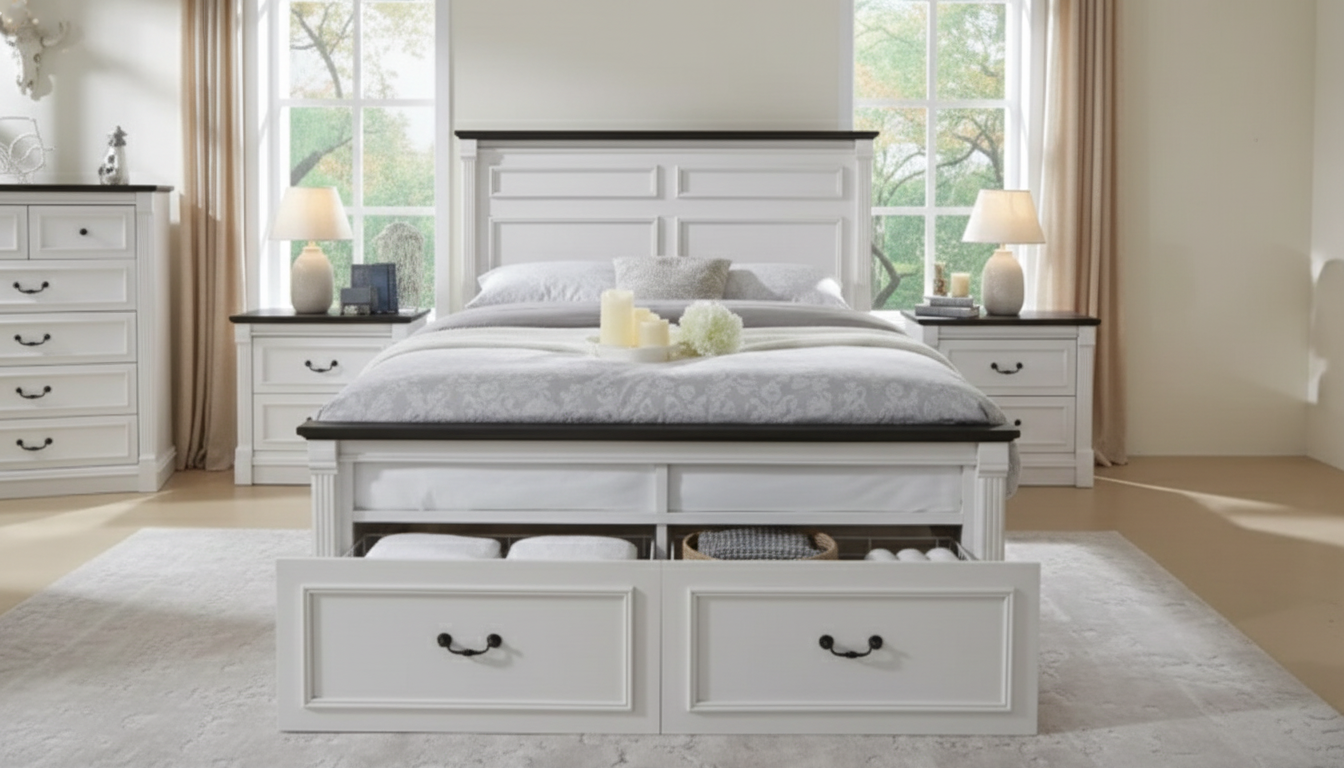 Farmhouse Full Platform Bed with Drawers & Column Detail