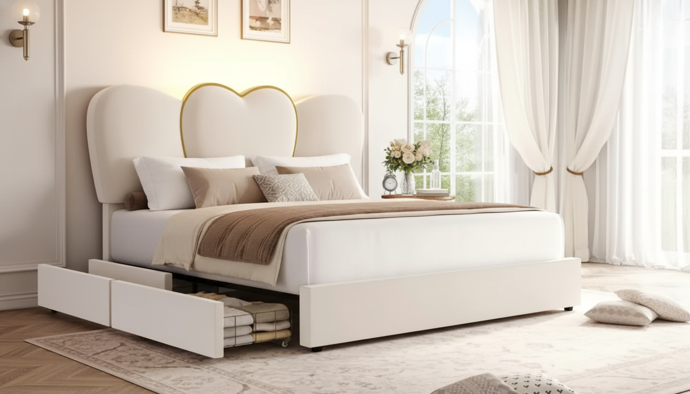 Queen Velvet LED Bed Frame with 4 Drawers & Heart Headboard