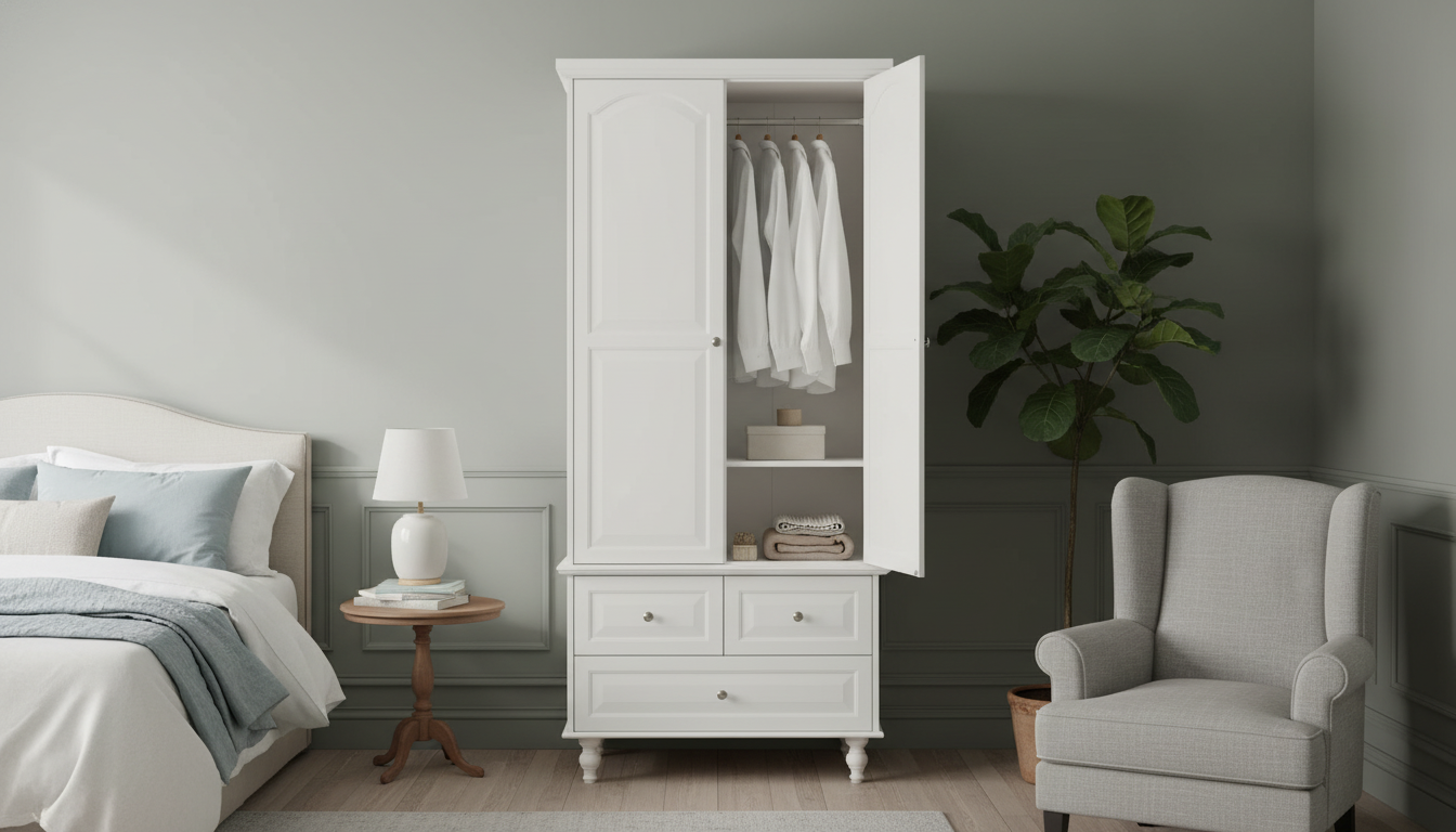 White 2-Door Wardrobe Closet: Rod, Shelves & 3 Drawers